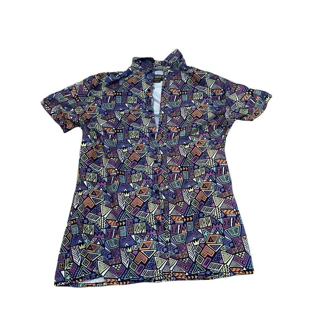Mens Surf Society Swimwear Colorful Geometric Button Up Short Sleeve Shirt M